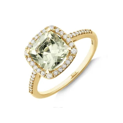 Halo Ring With Green Amethyst & 0.25 Carat Tw Of Diamonds In 10kt Yellow Gold