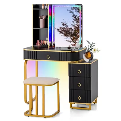 Vanity Table Set With Rgb Led Lights Crystal Crush Diamond Mirror Drawers
