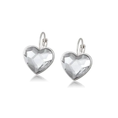 Clear Silver Tone Heritage Precision Cut Crystal Heart Leverback Earrings