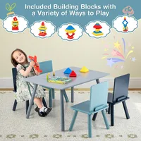 5 Piece Kids Wooden Activity Table And 4 Chairs Play Set Gift W/ Building Blocks