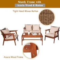 8pcs Patio Rattan Furniture Set Acacia Wood Frame Cushioned Sofa Chair Garden