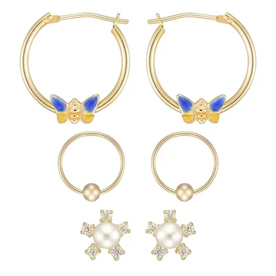 10kt Gold Bead Sleeper, Hoop With Butterfly, And Pearl With Cz Stud Set