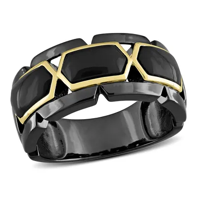 Men's Black Onyx Station Ring 2-tone Sterling Silver With Yellow Gold Plating