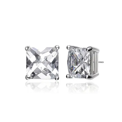 Sterling Silver White Gold Plated With Clear Cubic Zirconia Square Stud Earrings