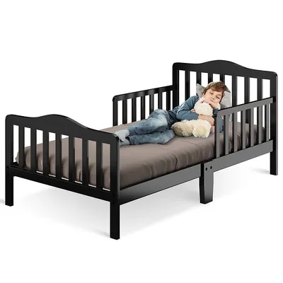 Kids Toddler Wood Bed Bedroom Furniture W/ Guardrails Blackbrowngrey White
