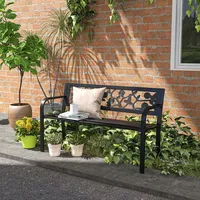 Outdoor Bench W/ Floral Pattern Back, Patio Loveseat, Black