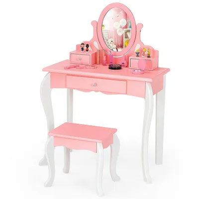 Kids Vanity Princess Makeup Dressing Table Stool Set W/ Mirror Drawer Pink