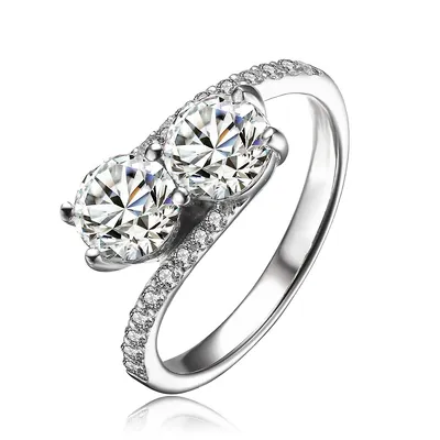 Sterling Silver White Gold Plating With Two Stone Cubic Zirconia Partial Pave Twisted Ring