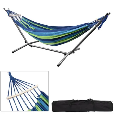 9FT Double Hammock with Hardwood Spreader Bar and Heavy duty Steel Stand, 450lbs Capacity, Included Carrying Case