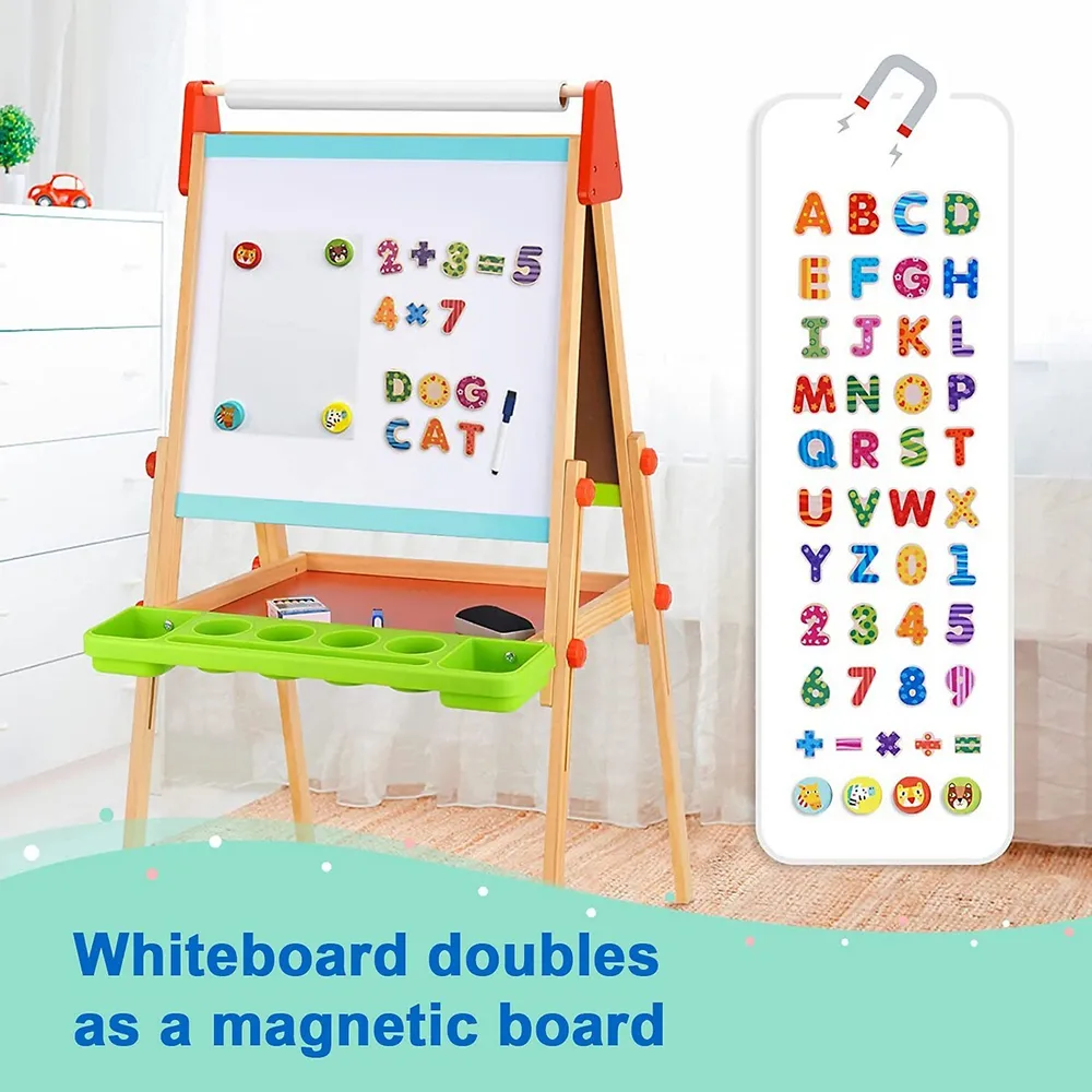 Wooden Easel For Kids - Adjustable Height Stand With Magnetic Whiteboard, Chalkboard, Paper Roll, Magnets, Drawing And Painting Accessories; Arts & Crafts Toy For 3 Year Old +
