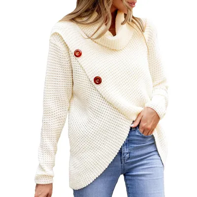 Women's Ivory Chunky Knit Buttoned Turtleneck Sweater