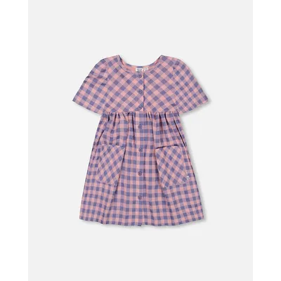 Button Front Dress With Pockets Plaid Pink And Blue
