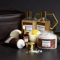 Luxury Spa Kit For Men - Sandalwood Bath Set - Personal Care Kit In Brown Leather Cosmetic Bag
