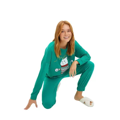 Women With Slogan Middle Knit Sweatshirt-trousers Pajama Set