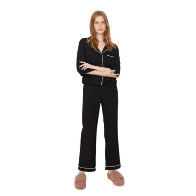 Women Plain Medium Woven Shirt-trousers Pajama Set