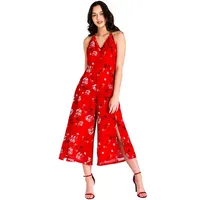 Modern Red Floral Chiffon Front Slit Capri Jumpsuit