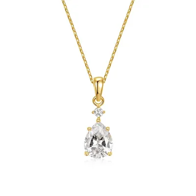 14k Yellow Gold Plating With Clear Cubic Zirconia Raindrop Pear 2-stone Pendant Necklace