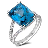10k White Gold 8.15 Ct Blue Topaz Gemstone & 0.48 Cttw Canadian Diamond Ring