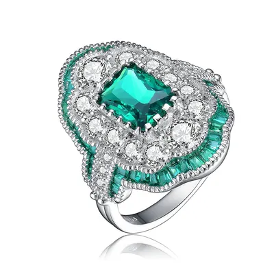 Dazzling Sterling Silver White Gold Plating With Emerald Cubic Zirconia Cocktail Ring