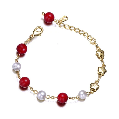 Kids 14k Gold Plated Colored Pearl And Star Charms Bracelet