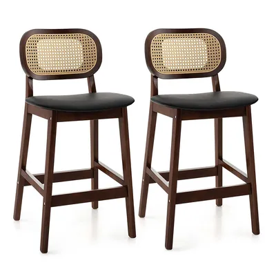 Bar Stool Set Of 2 Wood Bar Chairs Pe Rattan Backrest Padded Seat & Footrest
