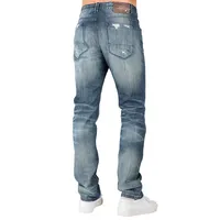 Men's Premium Denim Jeans Slim Tapered Leg Medium Stone Destroyed Mended