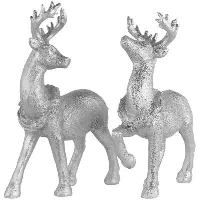 Set Of 2 Silver Glitter Dusted Reindeer Christmas Figurines