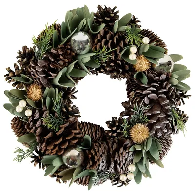 Silver And Green Mixed Foliage And Pinecone Christmas Wreath, 13.5-inch, Unlit