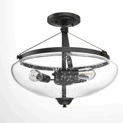3-light Semi Flush Mount Ceiling Light Industrial Seeded Glass Pendant Lamp