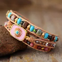 Pink Rhodonite Jasper Sun Multi Colored Beaded Wrap Bracelet