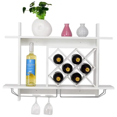 Wall Mount Wine Rack W/ Glass Holder & Storage Shelf Organizer Home Decor White