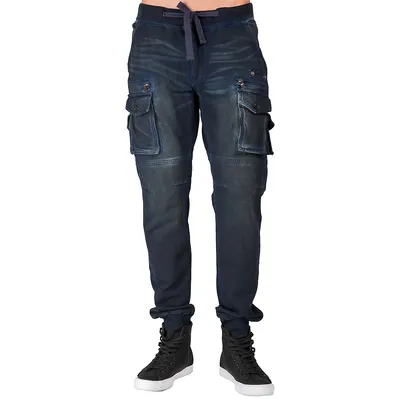 Men's Premium Knit Denim Jogger Jeans Indigo Vintage Cargo Zipper Pockets