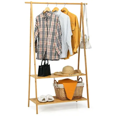 Bamboo Garment Rack Clothes Hanging Rack W/2-tier Storage Shelf Entryway Bedroom