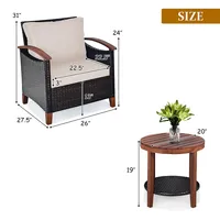 3pcs Patio Rattan Furniture Set Wooden Frame Cushion Table Shelf