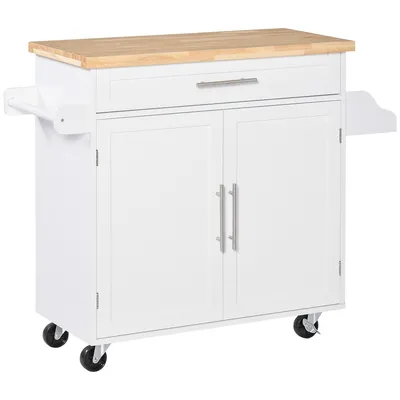 Kitchen Island Rolling Cart Storage Trolley Rubber Wood Top