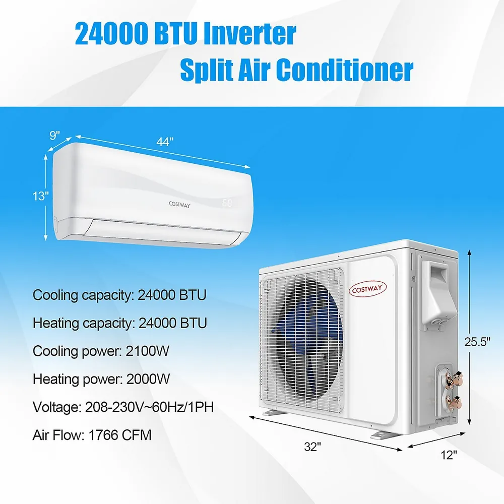 Costway 23000 Btu Mini Split Air Conditioner u0026 Heater Ductless 18.5 Seer2  1500 Sq. Ft | Upper Canada Mall