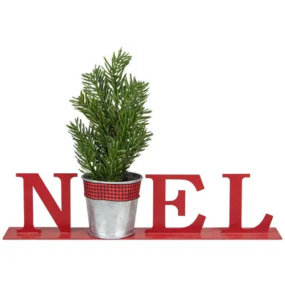 13" Red "noel" Potted Faux Pine In Metal Planter Christmas Tabletop Plaque