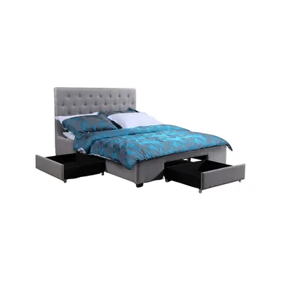 Charlotte Grey Tufted Linen Platform Bed With Three Storage Drawers - Available 3 Sizes