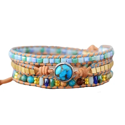 Blue Gold Turquoise Gemstone Beaded Wrap Bracelet