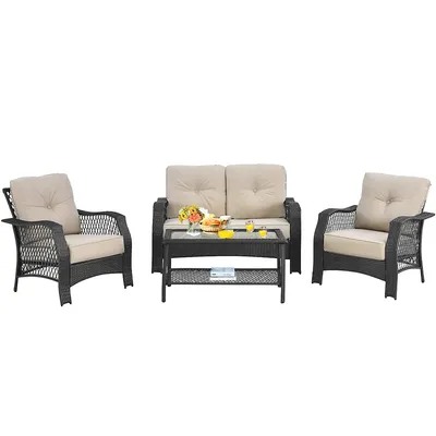 4pcs Patio Wicker Furniture Set Loveseat Sofa Coffee Table W/ Cushion