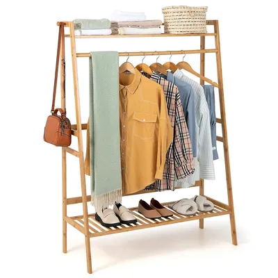 2-tier Bamboo Garment Rack Clothing Storage Organizer Coat Hanger W/ Rod & Hooks
