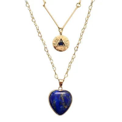 Lapis Stone Heart All Seeing Eye Layered Pendant Necklace