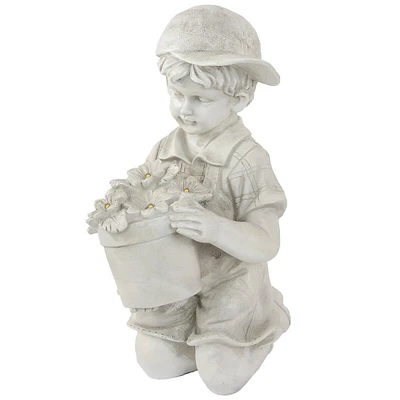 15" Solar Led Lighted Boy With Flowers Outdoor Garden Statue