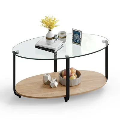Glass-top Coffee Table 2-tier Modern Oval Side Sofa Table W/ Storage Shelf