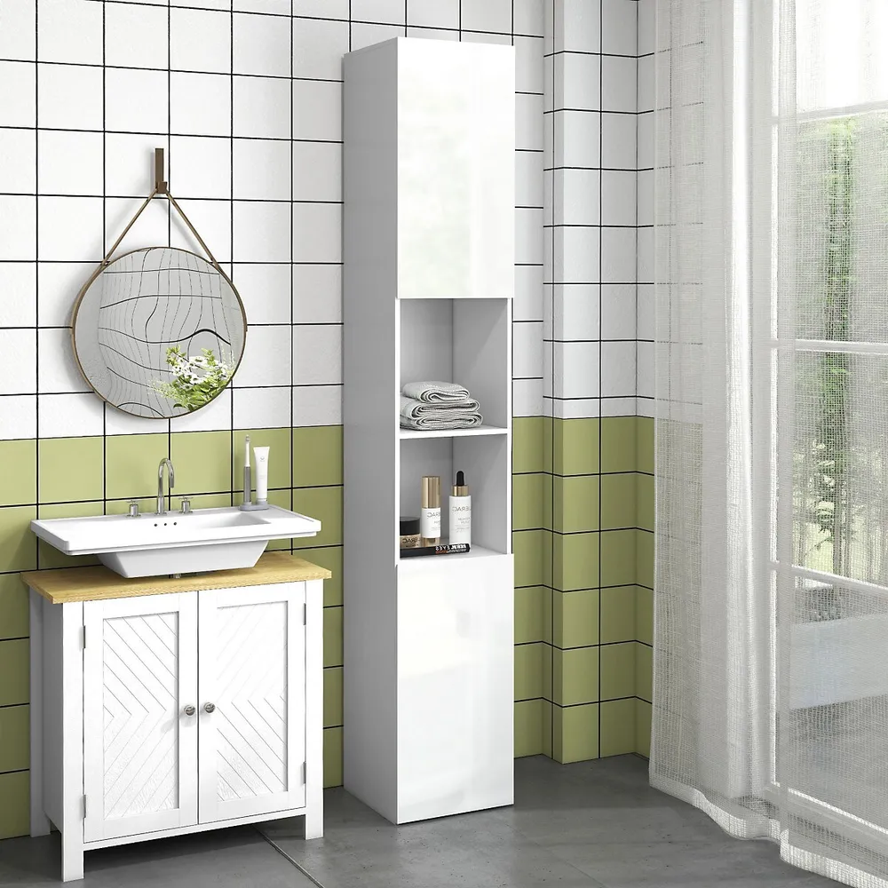 Glossy Bathroom Tallboy Cabinet with Mirror in Grey