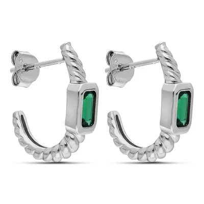 Sterling Silver J With Green Cz Stud Earring