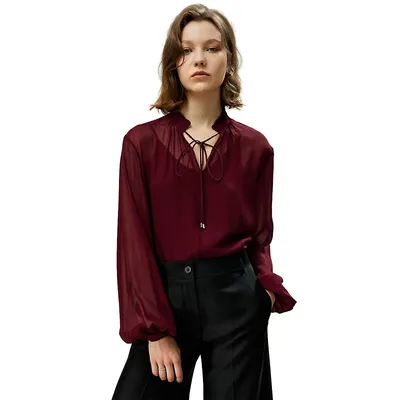 Tie Front Drawstring Georgette Blouse For Women