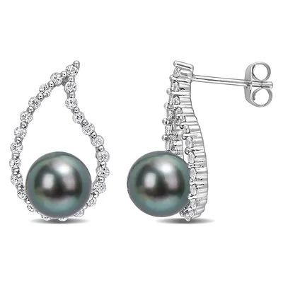 Tahitian Cultured Pearl And White Sapphire Teardrop Earrings In 10k White Gold