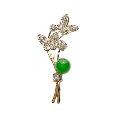 Green Chalcedony Jade And Crystal Gold Pansies Brooch