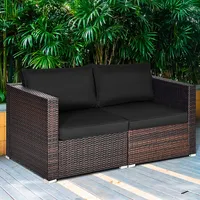 2pcs Patio Rattan Corner Sofa Sectional Furniture Set Black Cushion